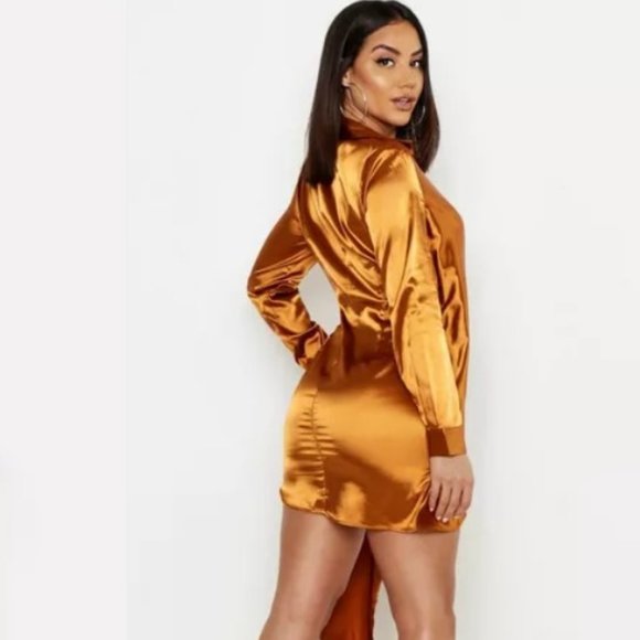 MISSGUIDED bronze satin wrap dress top sz 6 - Picture 2 of 5